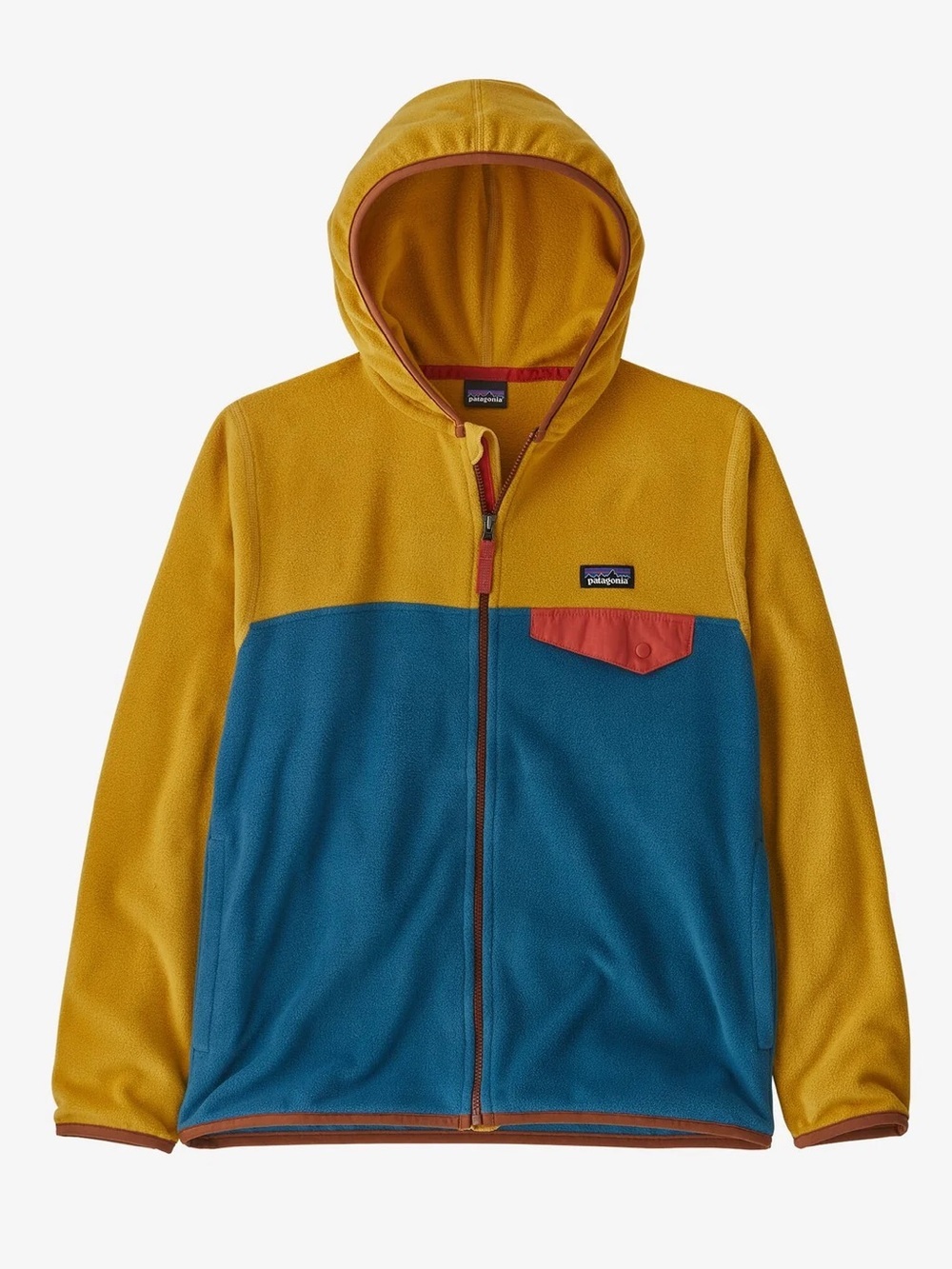 Patagonia Kids Hooded Two-Tone Fleece Jacket in Mustard Yellow & Teal